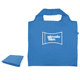 A blue recycled PET bag with a foldable design and a logo on the front.