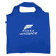 A blue recycled PET bag featuring a logo on the front and sturdy handles for easy carrying.