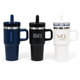 A drink bottle set featuring three travel mugs in navy, black, and white with branded logos and reusable straws.
