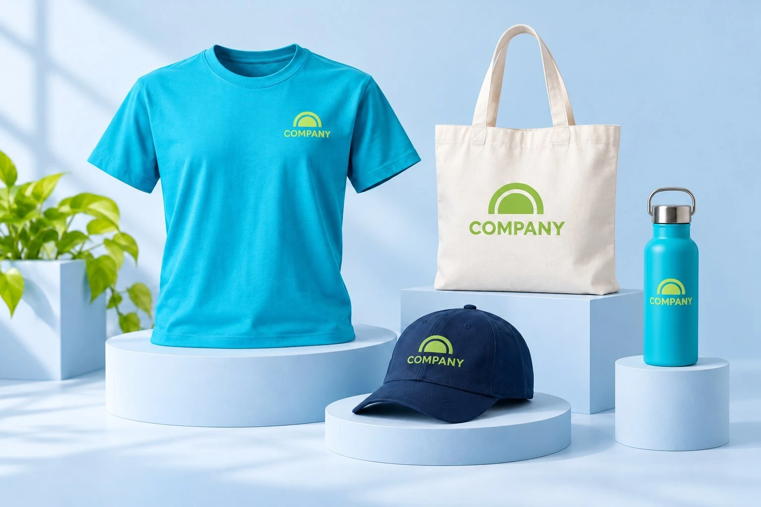 Fundraising merchandise concept with a T-shirt, logo-decorated tote, cap and bottle.