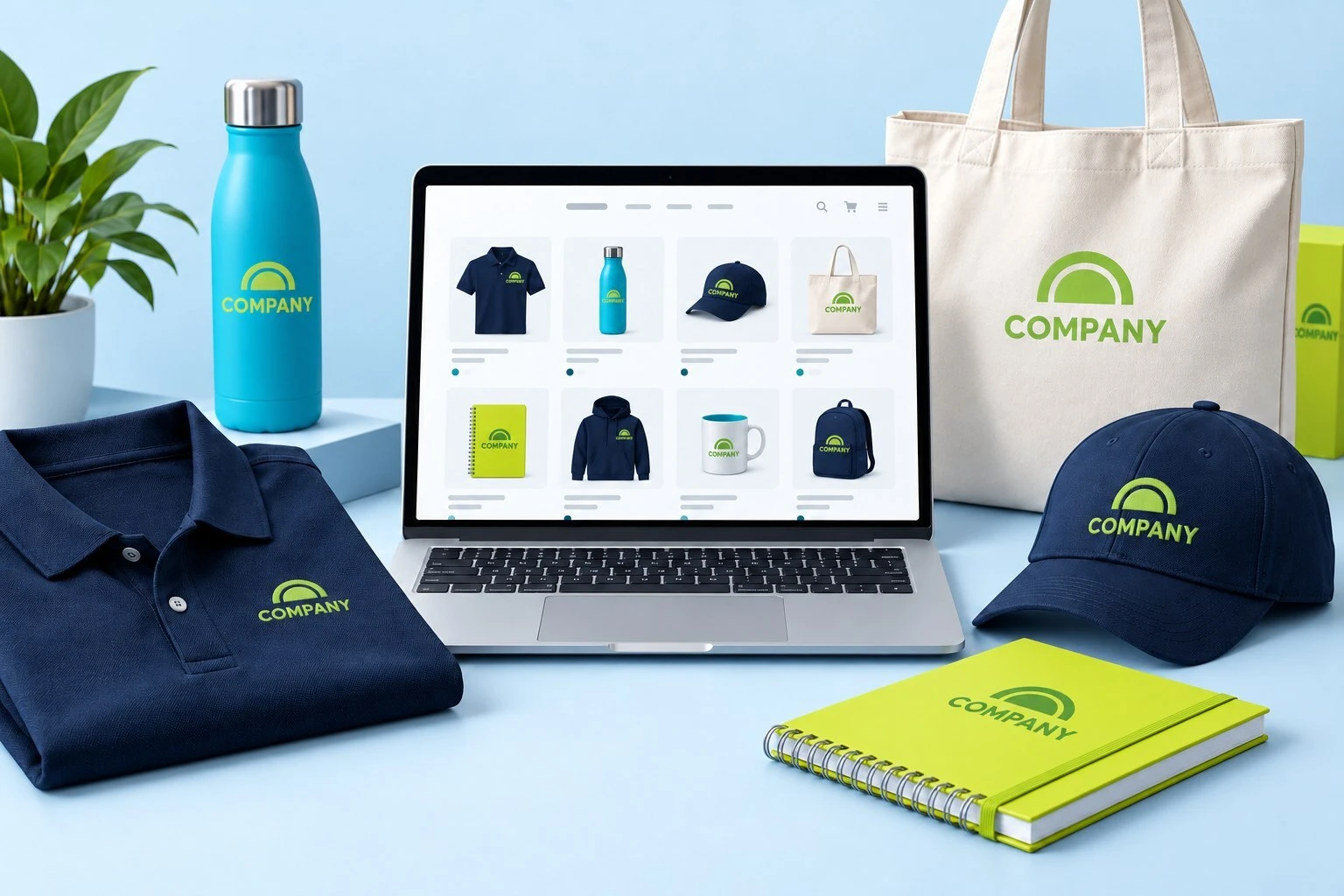 Illustration of an online merchandise portal on a laptop, surrounded by a polo, bottle, notebook, cap and tote.