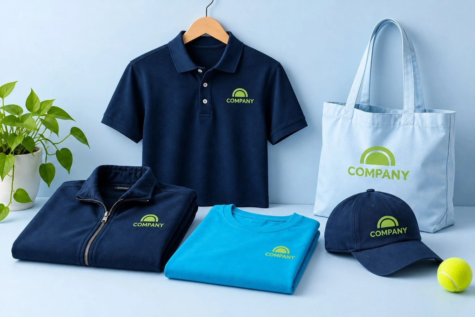 Uniform concept featuring a navy polo and jacket, cyan T-shirt, cap and tote.