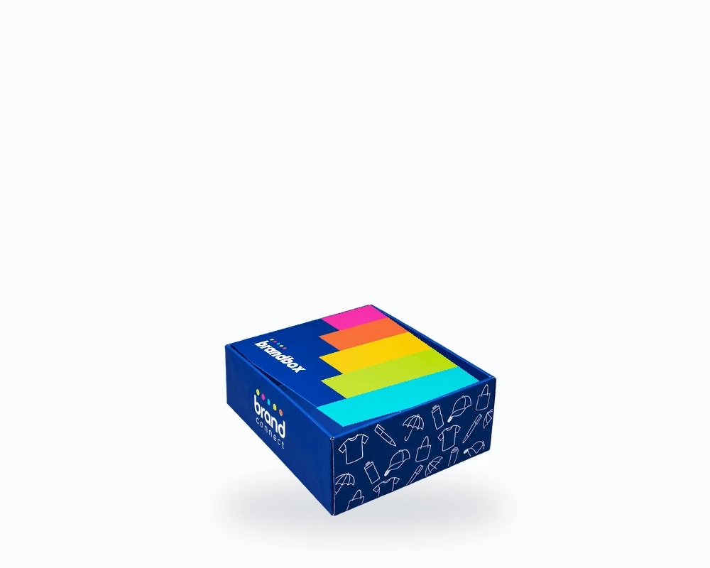 A BrandBox opens to reveal colourful merchandise samples, including a hat, bottle and drawstring bag.