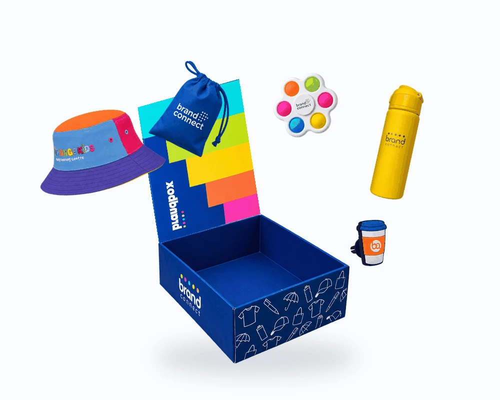 An open BrandBox with colourful merchandise samples.
