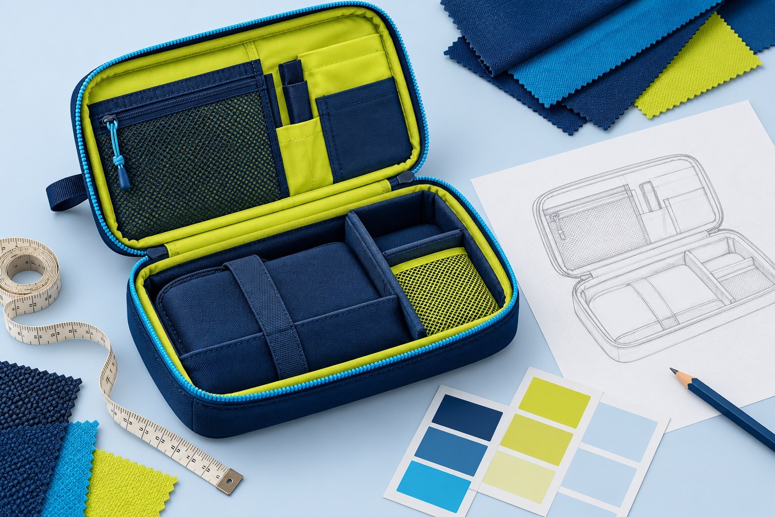Custom organiser concept alongside fabric swatches, colour samples and a design sketch.