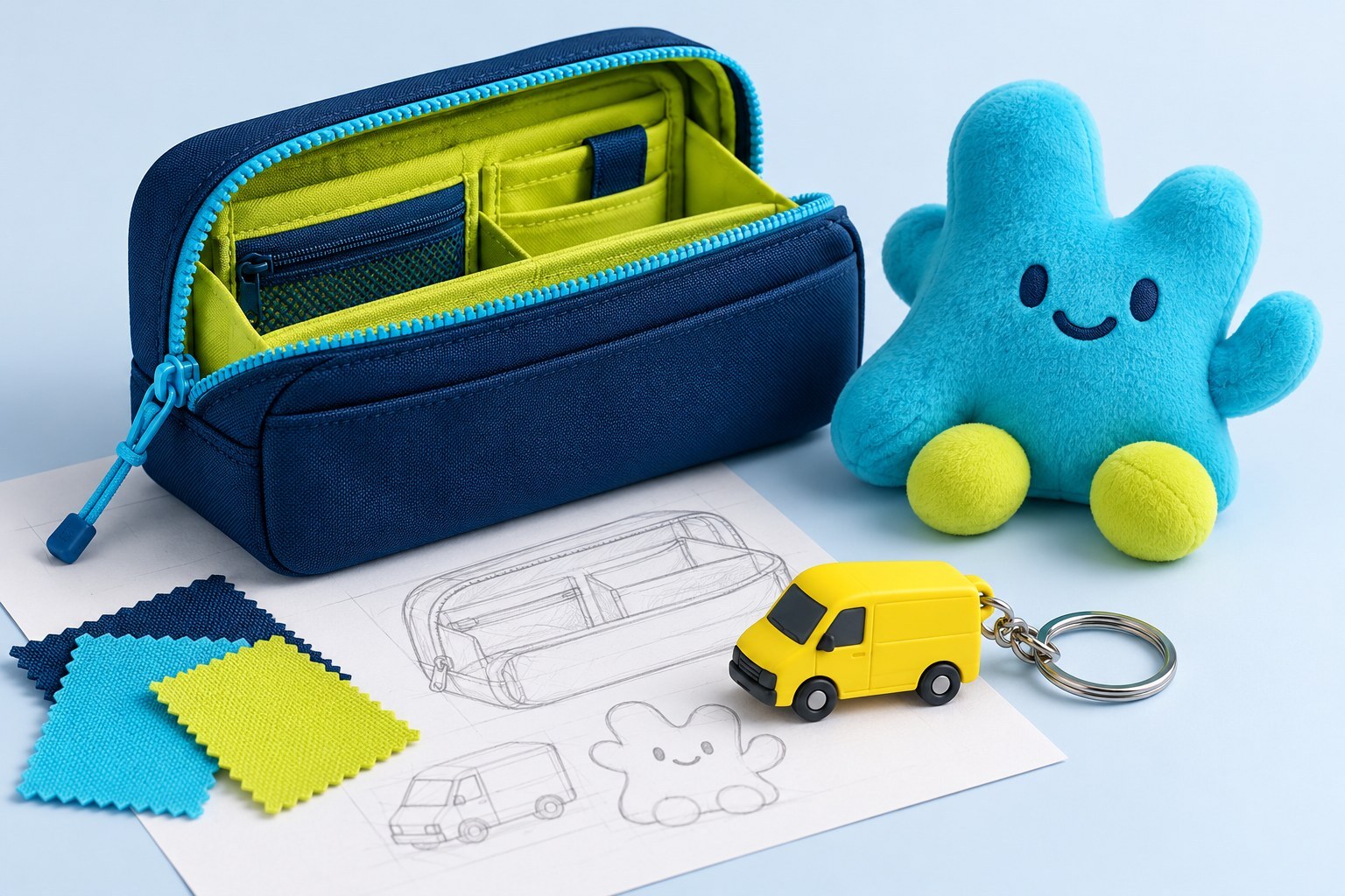 Custom merchandise concepts: a navy organiser pouch, cyan plush mascot and yellow van-shaped keyring.