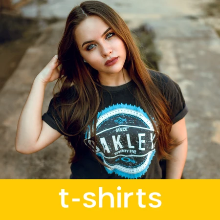 young woman wearing a branded t-shirt