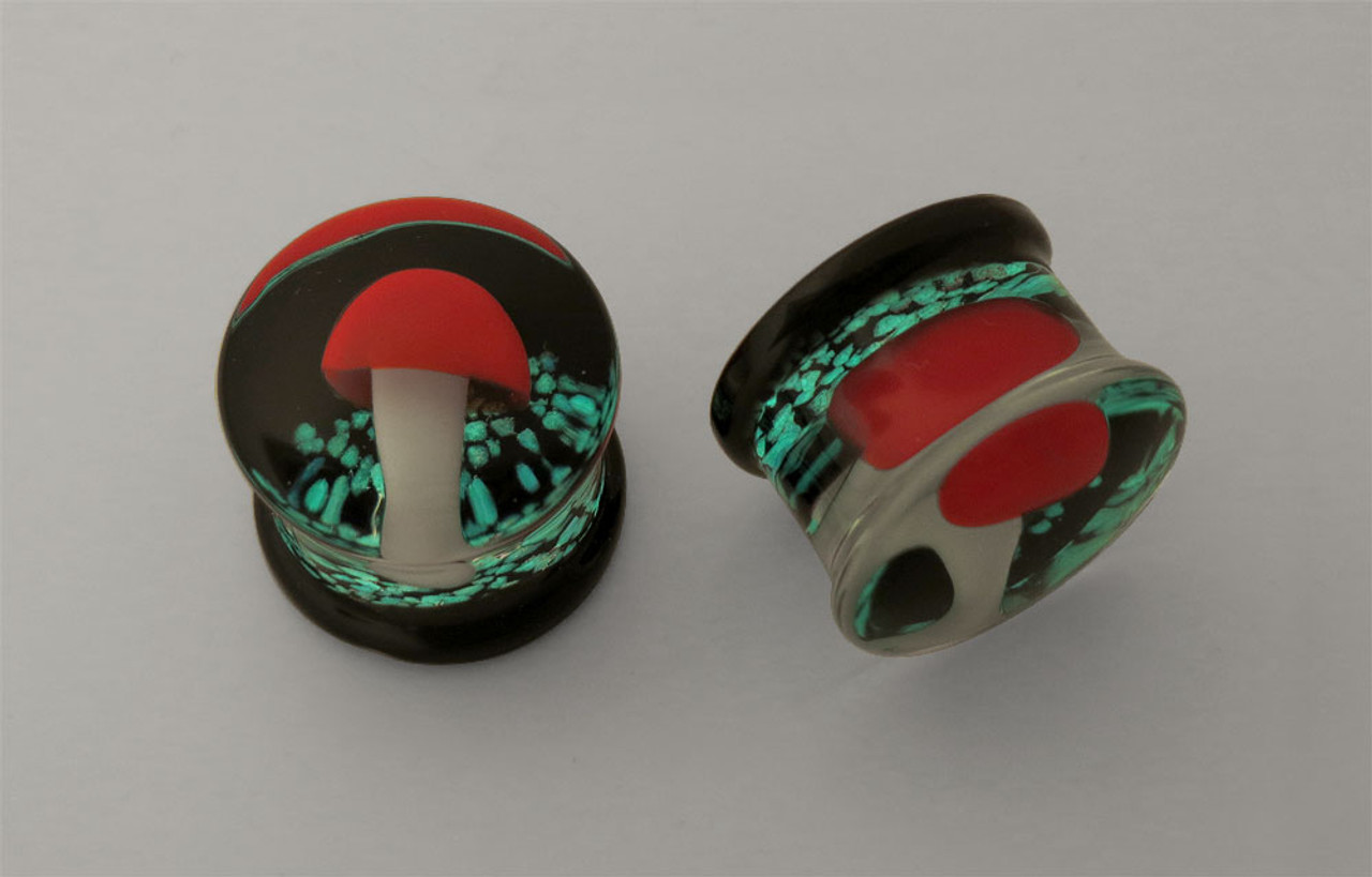 Pair Red Mushroom Glow In The Dark Glass Plugs - Scrap Metal 23