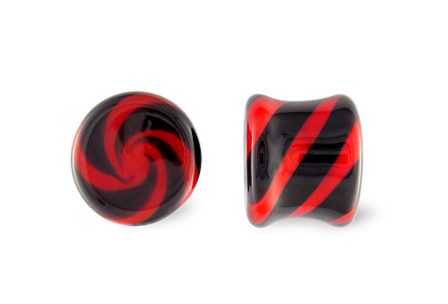 Pair Black and Red Candy Stripe Pyrex Glass Plugs