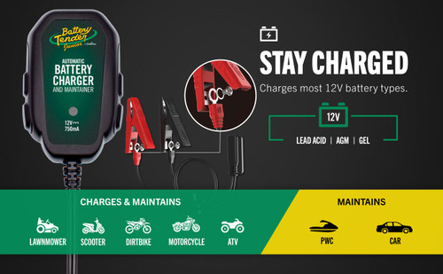 Battery Tender Junior 021-0123 infographic: stay charged, 12V lead-acid, AGM and gel; charges mower, scooter, dirt bike, motorcycle and ATV batteries, maintains PWC and car