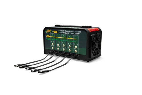 5 bank battery charger from Deltran with its output leads and clamps