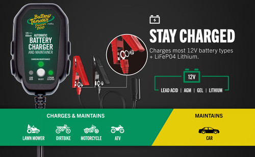 Battery Tender Junior 022-0199-DL-WH infographic (earlier 800 mA housing): stay charged, lead-acid, AGM, gel and LiFePO4; charges mower, dirt bike, motorcycle and ATV, maintains car