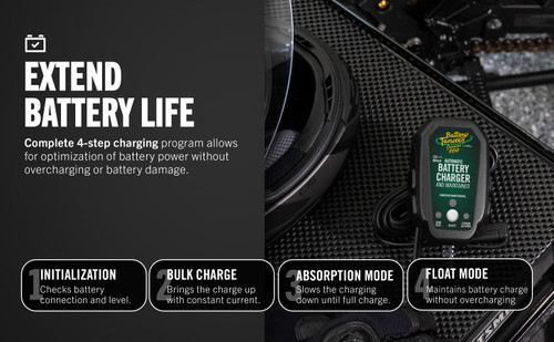 Battery Tender Junior 022-0199-DL-WH infographic (earlier housing): extend battery life with the four-step program, initialization, bulk, absorption and float