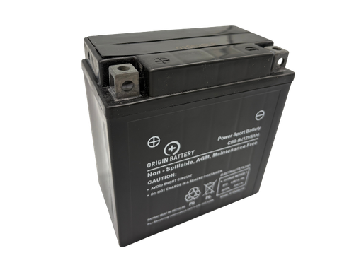 XT9-B Compatible Battery Replacement - Origin CB9-B 12V 8Ah AGM battery, angled view
