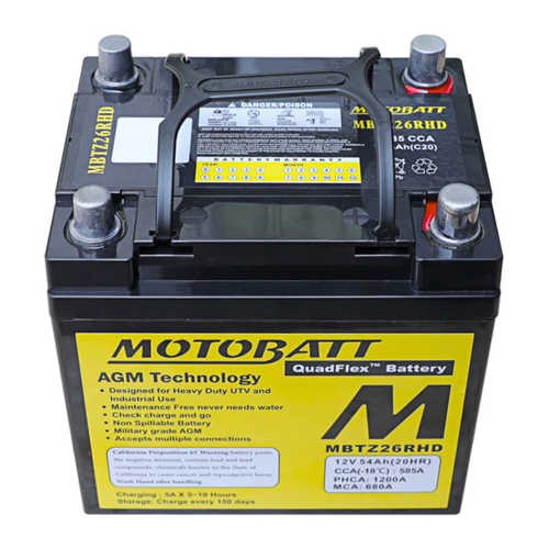 "Motobatt MBTZ26RHD quad-terminal AGM battery showing four terminal configuration