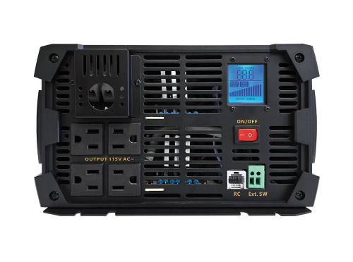 Samlex SMH-5000X-12 front panel with four AC outlets, LCD display, and remote ports
