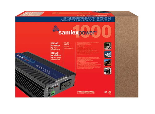 Samlex PST-1000F-12 retail packaging with included cable lugs