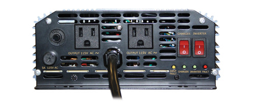 SAM-1500C-12 front panel with inverter and charger switches and LED indicators