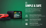 Battery Tender Plus 021-0128 infographic: simple and safe, reverse polarity protection, quick disconnect harness and spark-proof design