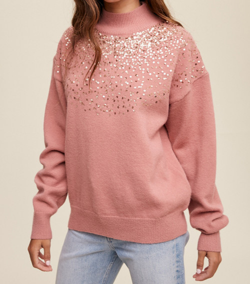 Sequin Treat Dusty Pink Knit Sweater