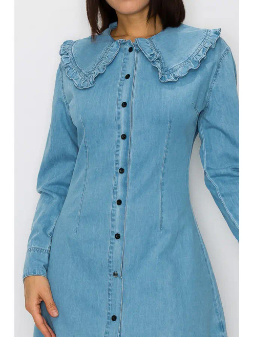 Denim Ruffle Collar Button Down Dress