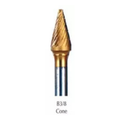 Buffalo Dental, 3/8" Cone (B3/8) TNT-Coated Dual Cut Regular Carbide Bur w/ 1/4" Shank, B3/8-GOLD