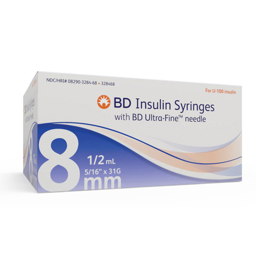 BD Ultra-Fine II Short Needle Insulin Syringe 1/2 cc with 31 G x 8 mm (5/16'), 100/Box