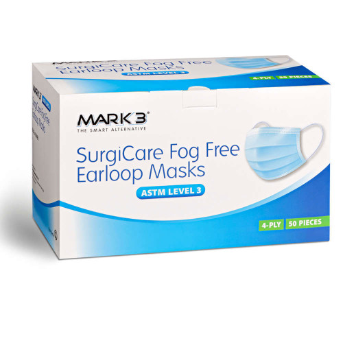 MARK3 SurgiCare 4-Ply, Fog Free Earloop Face Masks, ASTM Level 3, Blue, 50/Box.
