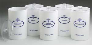 Tech-Med Services Opaque Plastic Sundry Jars With Blue Imprint and Plastic