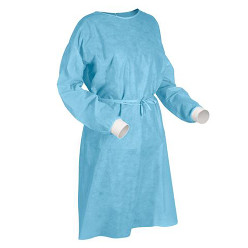 House Brand Isolation Gown with Knit Cuff - Blue, one size fits all. Package