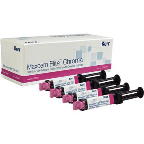 Maxcem Elite Chroma Resin Cement, Dual Cure - Clear, Bulk Kit: 4 x 5 g Dual Maxcem Elite Chroma Resin Cement, Dual Cure - Clear, Bulk Kit: 4 x 5 g Dual