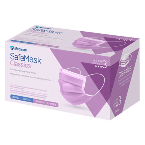 SafeMask Classics ASTM Level 3 Procedure Earloop Face Mask, BFE/PFE â‰¥ 98%, Lavender, 50/Bx.