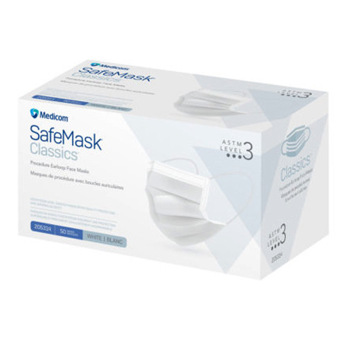SafeMask Classics ASTM Level 3 Procedure Earloop Face Mask, BFE/PFE â‰¥ 98%, White, 50/Bx.