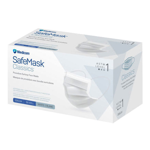 SafeMask Classics ASTM Level 1 Procedure Earloop Face Mask, BFE/PFE â‰¥ 95%, White, 500/Case, 10 x 50/Bx.