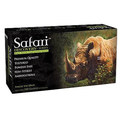 Safari Nitrile Exam Gloves: SMALL 100/Bx. Black, Textured, Powder-Free. Dark