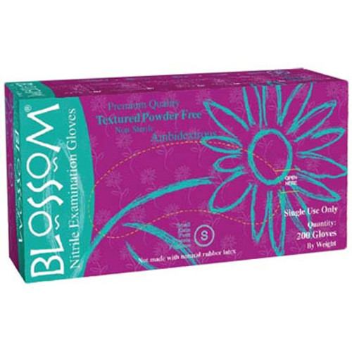 Blossom Nitrile Exam Gloves: MEDIUM, 200/Bx. BLUE LITE. Textured fingertips