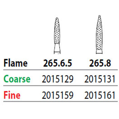 Two Striper FG #265.6.5 Coarse Diamond Burs, Flame shaped. Pack of 5