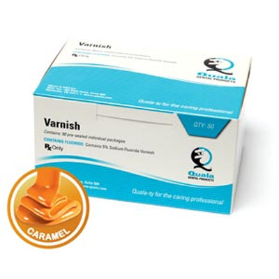 Quala 5% Sodium Fluoride Varnish, 0.5ml unit dose, 50/Box. Caramel flavor, White
