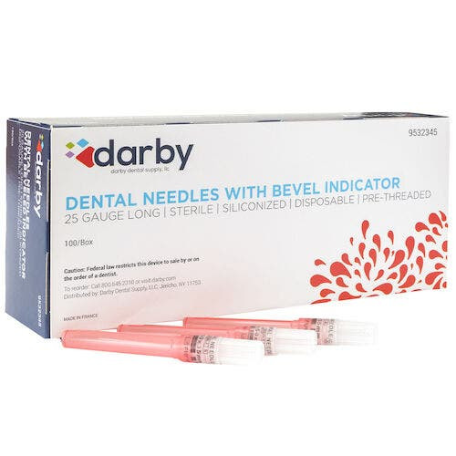 Dental Needles with Bevel Indicator, Plastic Hub, 25 Ga Long, 100/Box, Red