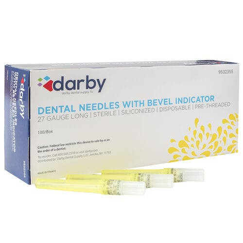 Dental Needles with Bevel Indicator, Plastic Hub, 27 Ga Long, 100/Box, Yellow
