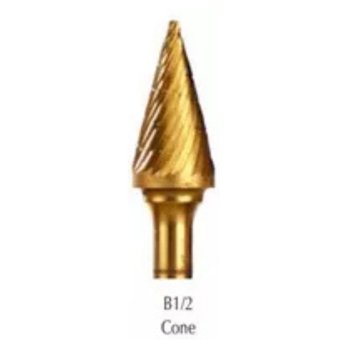 Buffalo Dental, Cone 1/2" TNT-Coated Dual Cut Regular Carbide Bur w/ 1/4" Shank, B1/2-GOLD