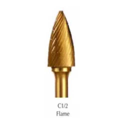 Buffalo Dental, Flame 1/2" TNT-Coated Dual Cut Regular Carbide Bur w/ 1/4" Shank, C1/2-GOLD