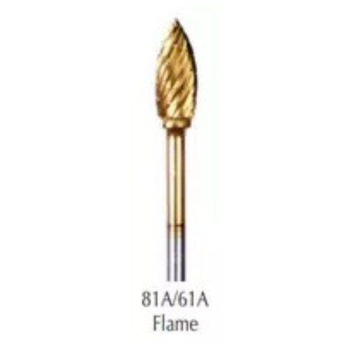 Buffalo Dental, Flame (81A/61A) TNT-Coated Dual Cut Fine HP Carbide Bur, F-81A-GOLD