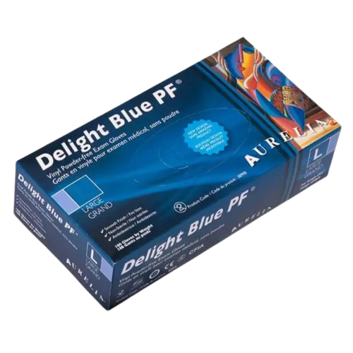 Delight Blue Vinyl Powder Free Gloves, 100/Box, Small