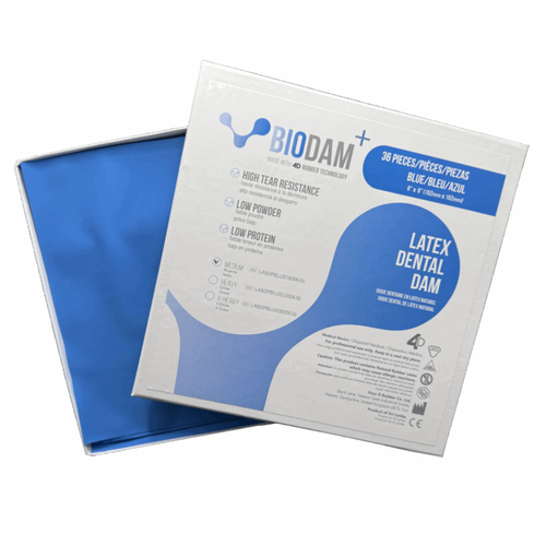 Biodam+ Latex Dental Dam, Standard Package, 6" x 6", X-Heavy, Cobalt Blue, 36/Box