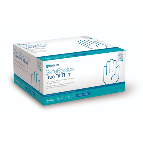 SafeBasics True Fit Thin Blue Powder Free Nitrile Gloves, 300/Box, Medium