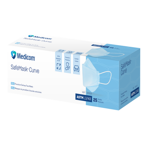 SafeMask Curve Procedure Earloop Face Masks, Level 3, 25/Box, White