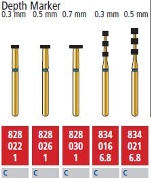 Alpen FG #828.030 Coarse Grit, Depth Marker 0.7mm Diamond Bur. Package of 5 Burs