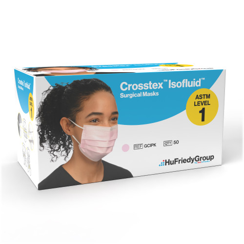 Isofluid Earloop Masks - Pink, 50/Bx. Fluid Resistant Outer Layer, White Tissue