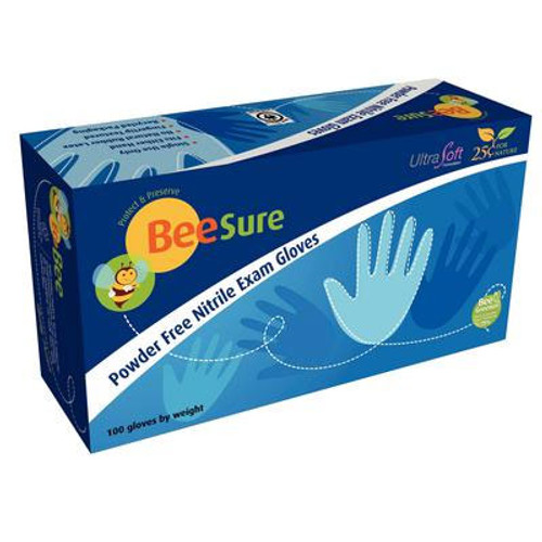 BeeSure Nitrile Exam Gloves: Large, 100/Bx, Blue, Non-Sterile, Powder-free